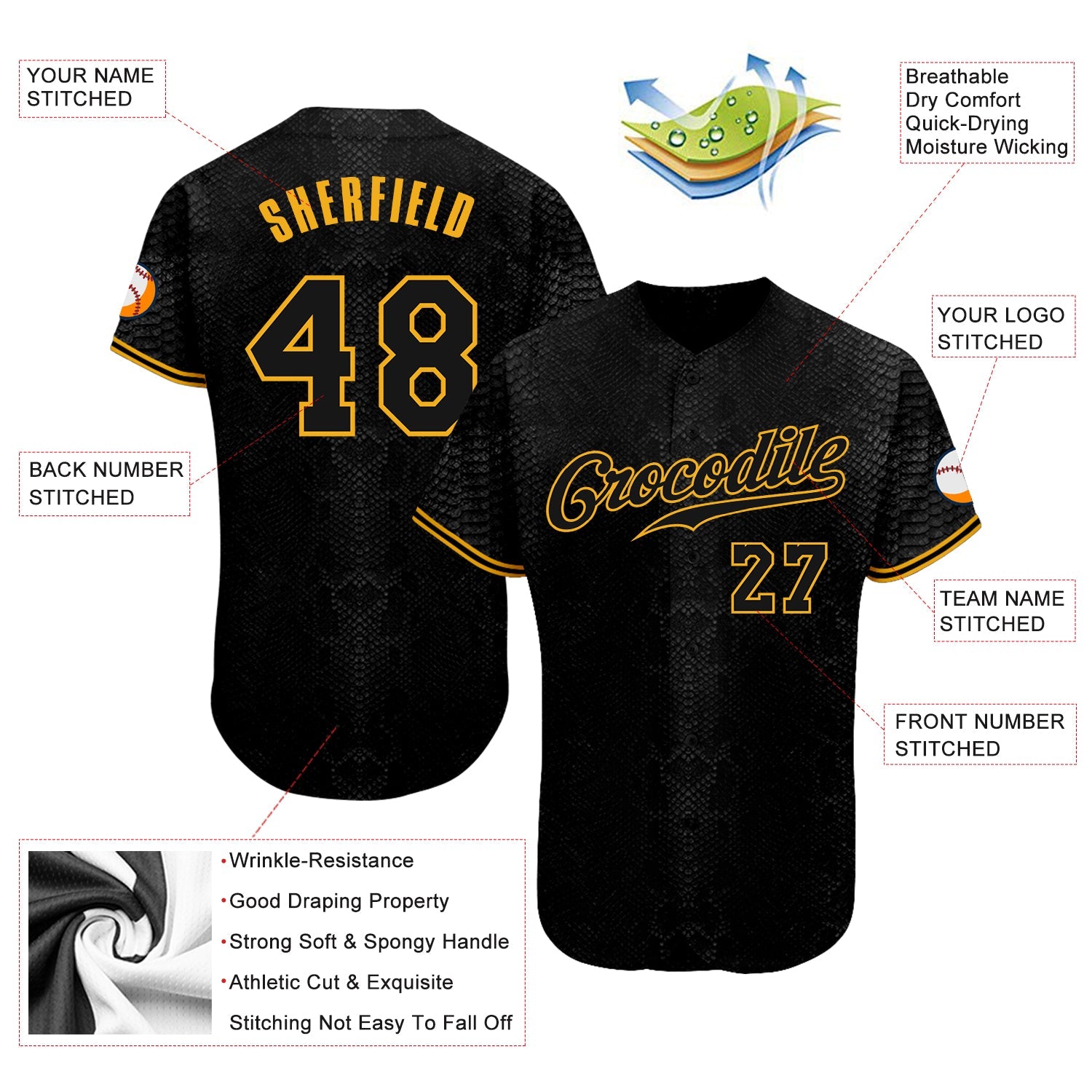 Custom Black Snakeskin Black-Gold Authentic Baseball Jersey