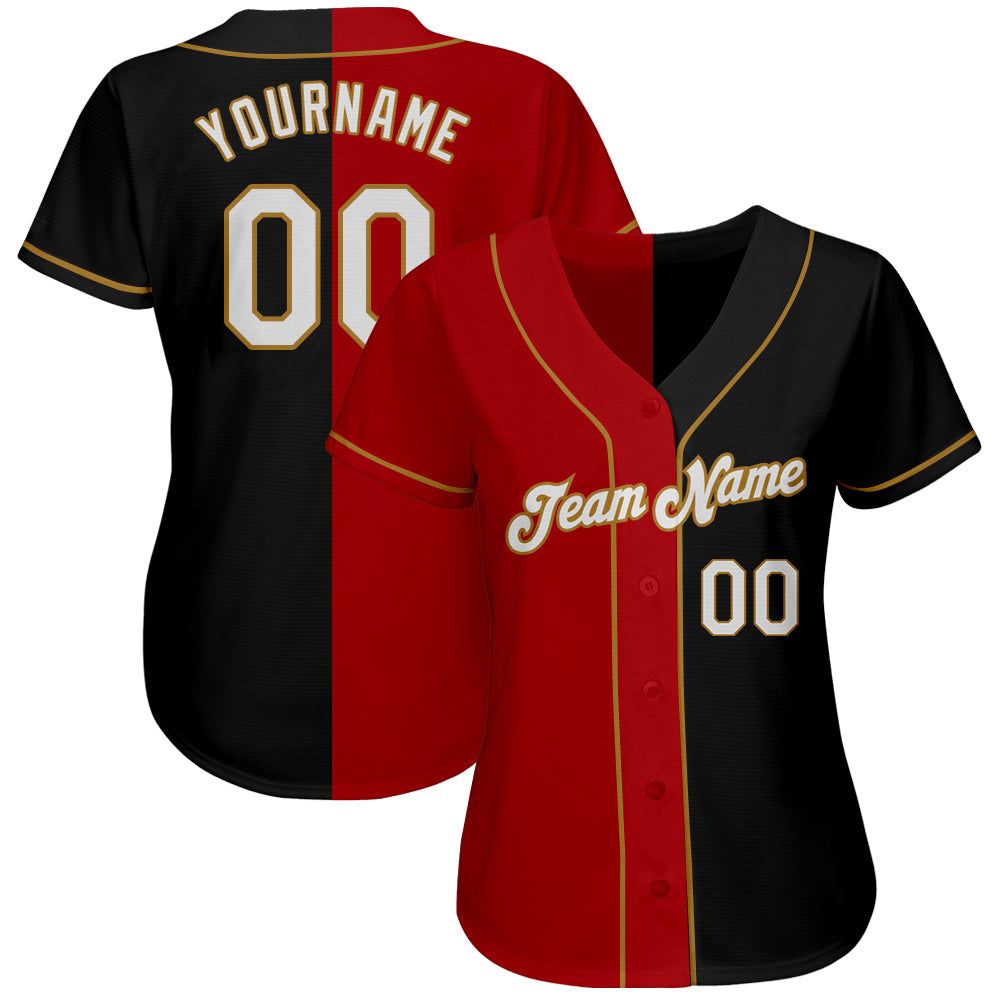 Custom Black White-Red Old Gold Authentic Split Fashion Baseball Jersey