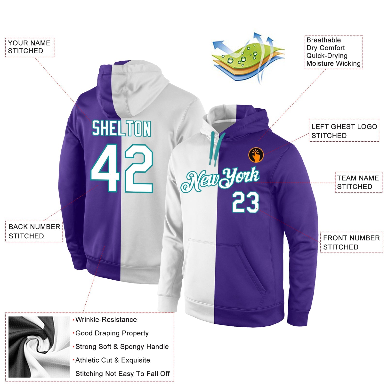 Custom Stitched Purple White-Aqua Split Fashion Sports Pullover Sweatshirt Hoodie