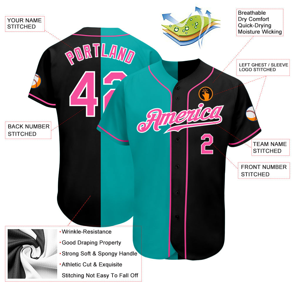 Custom Black Pink-Aqua Authentic Split Fashion Baseball Jersey