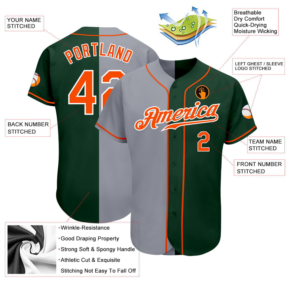 Custom Green Orange-Gray Authentic Split Fashion Baseball Jersey