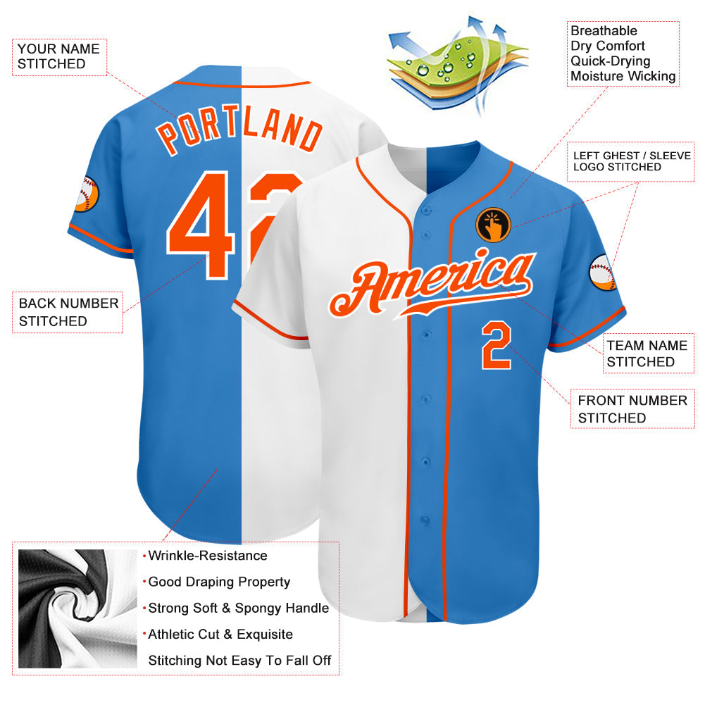 Custom Powder Blue Orange-White Authentic Split Fashion Baseball Jersey