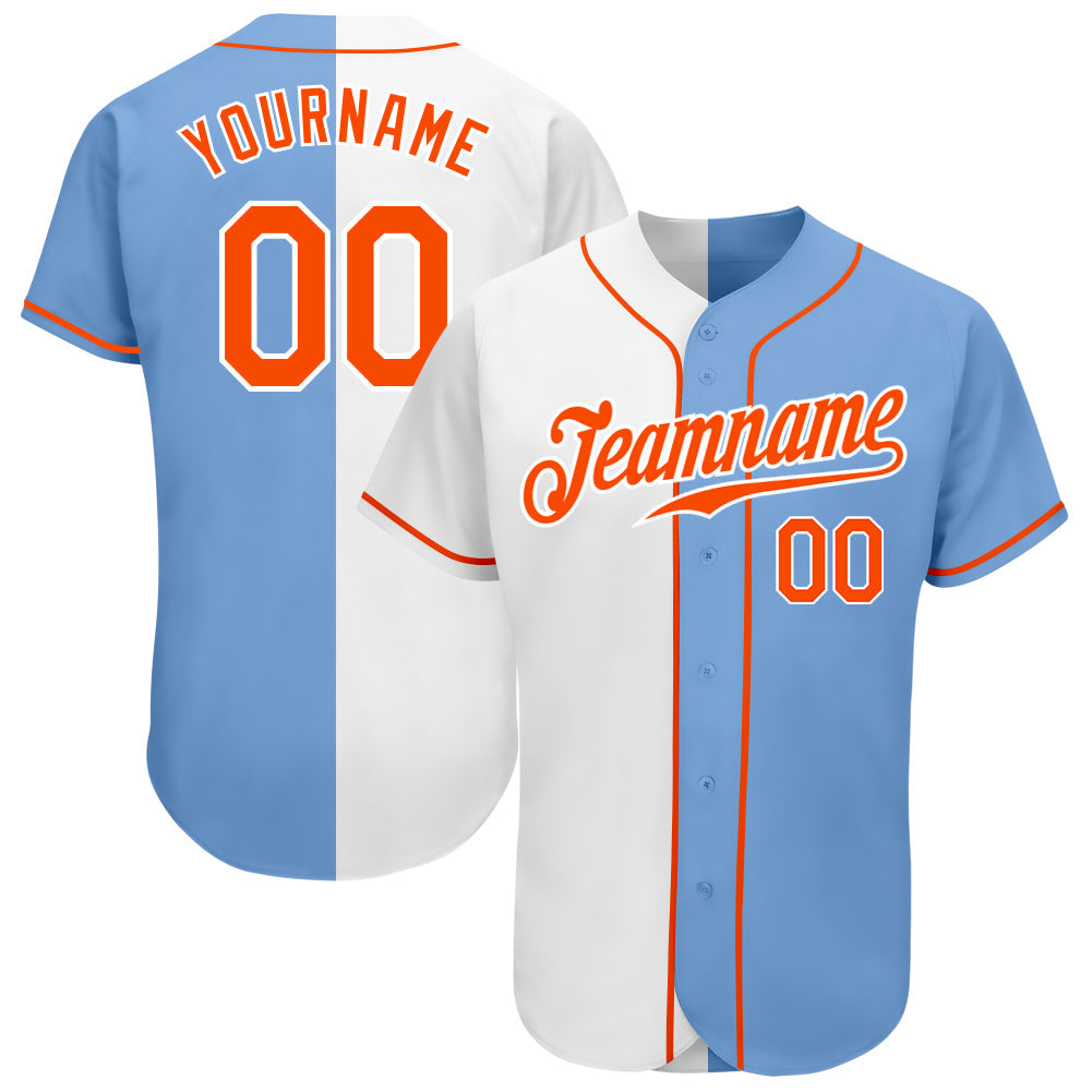 Custom Light Blue Orange-White Authentic Split Fashion Baseball Jersey