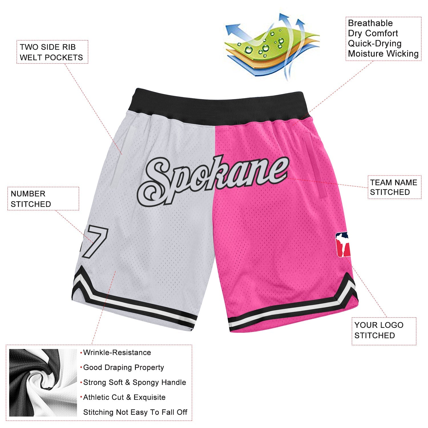 Custom Pink White-Black Authentic Throwback Split Fashion Basketball Shorts