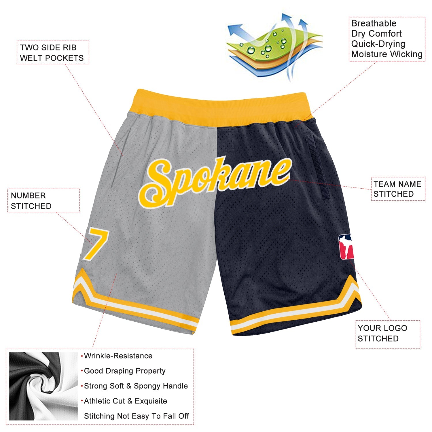 Custom Gray Gold-Navy Authentic Throwback Split Fashion Basketball Shorts