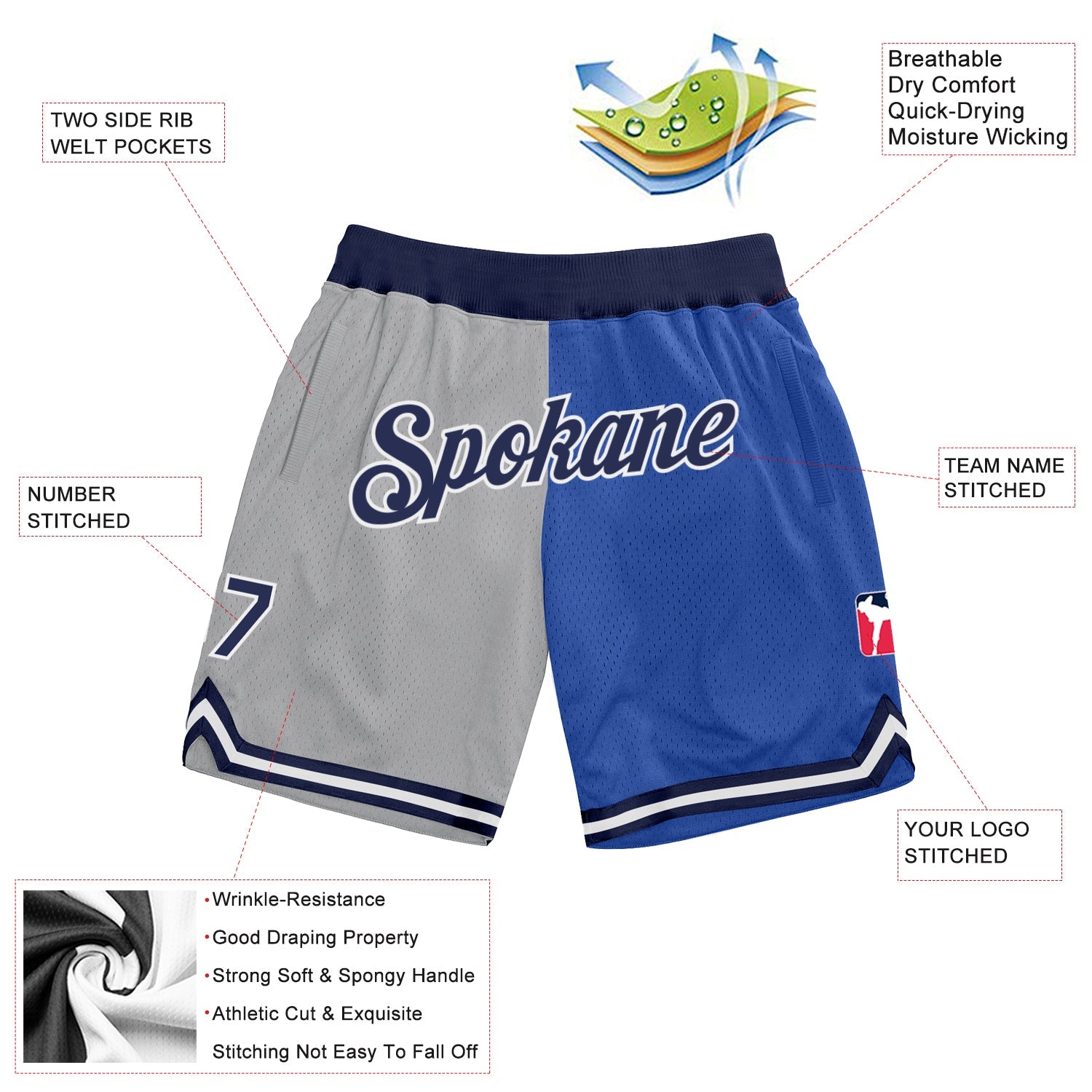 Custom Gray Navy-Blue Authentic Throwback Split Fashion Basketball Shorts