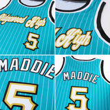 Custom Teal White Pinstripe White-Old Gold Authentic Basketball Jersey