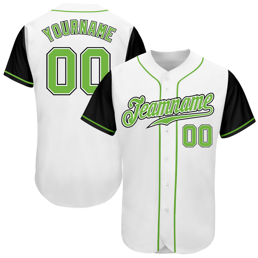 Custom White Neon Green-Black Authentic Two Tone Baseball Jersey