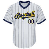 Custom White Navy Pinstripe Navy-Gold Authentic Throwback Rib-Knit Baseball Jersey Shirt