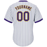 Custom White Purple Pinstripe Purple-Gold Authentic Throwback Rib-Knit Baseball Jersey Shirt