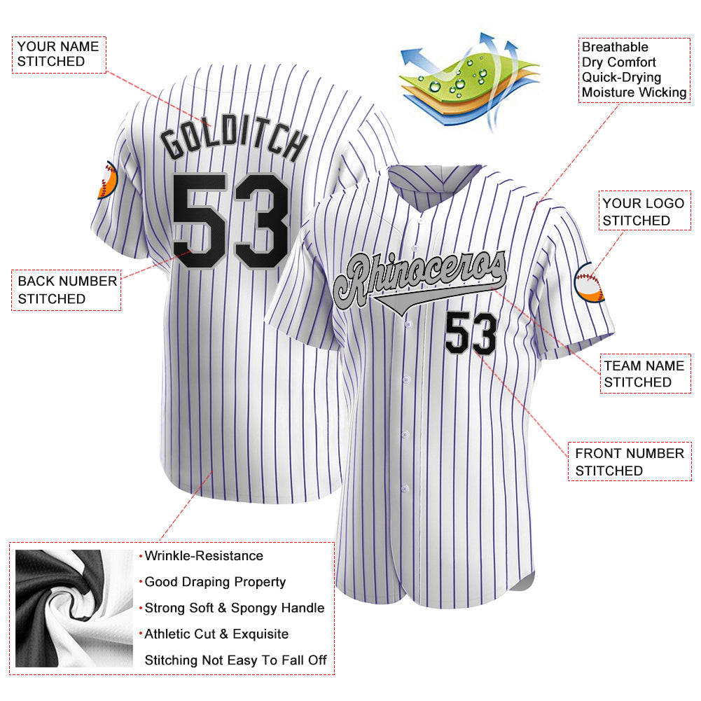 Custom White Purple Pinstripe Black-Gray Authentic Baseball Jersey