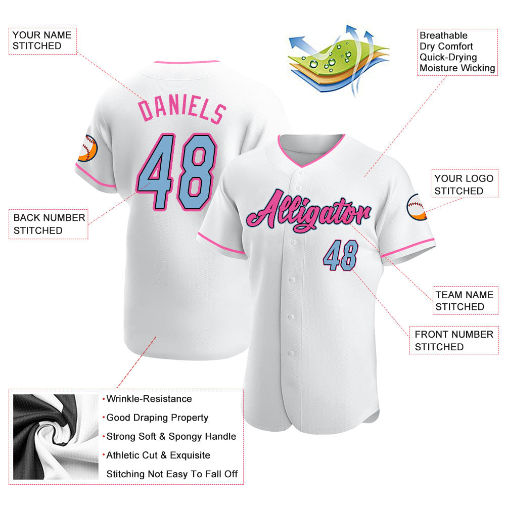 Custom Team Pink Baseball Light Blue Authentic White Jersey