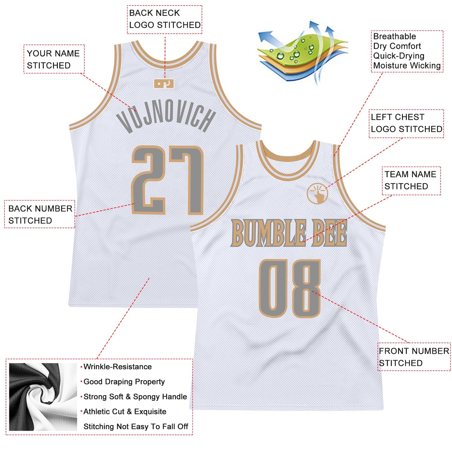Custom White Steel Gray-Old Gold Authentic Throwback Basketball Jersey