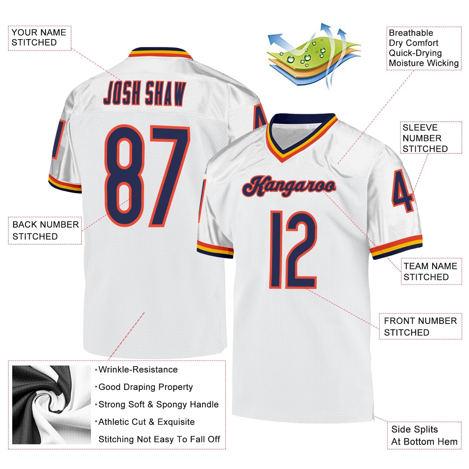 Custom White Navy-Orange Mesh Authentic Throwback Football Jersey