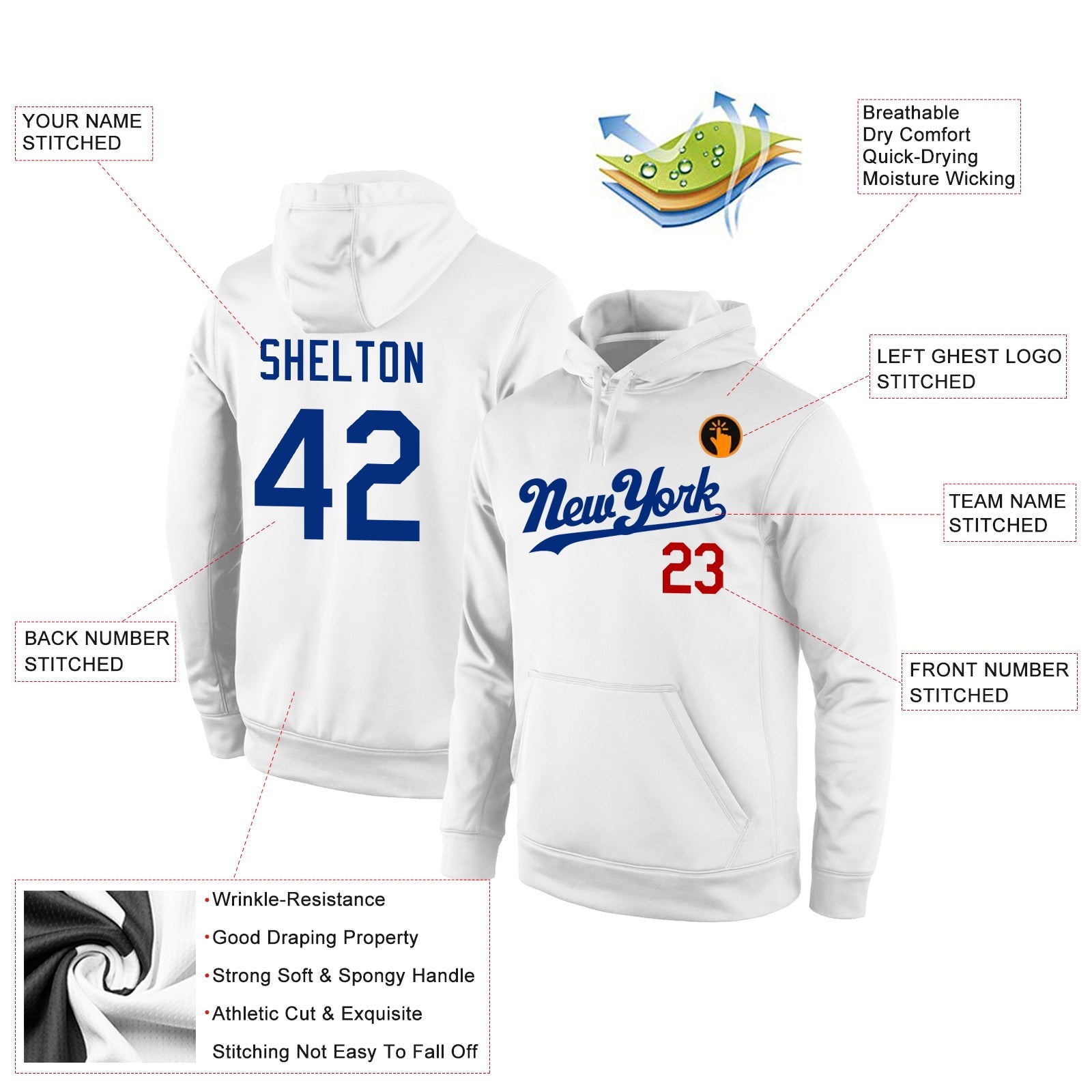 Custom Stitched White Royal-Red Sports Pullover Sweatshirt Hoodie
