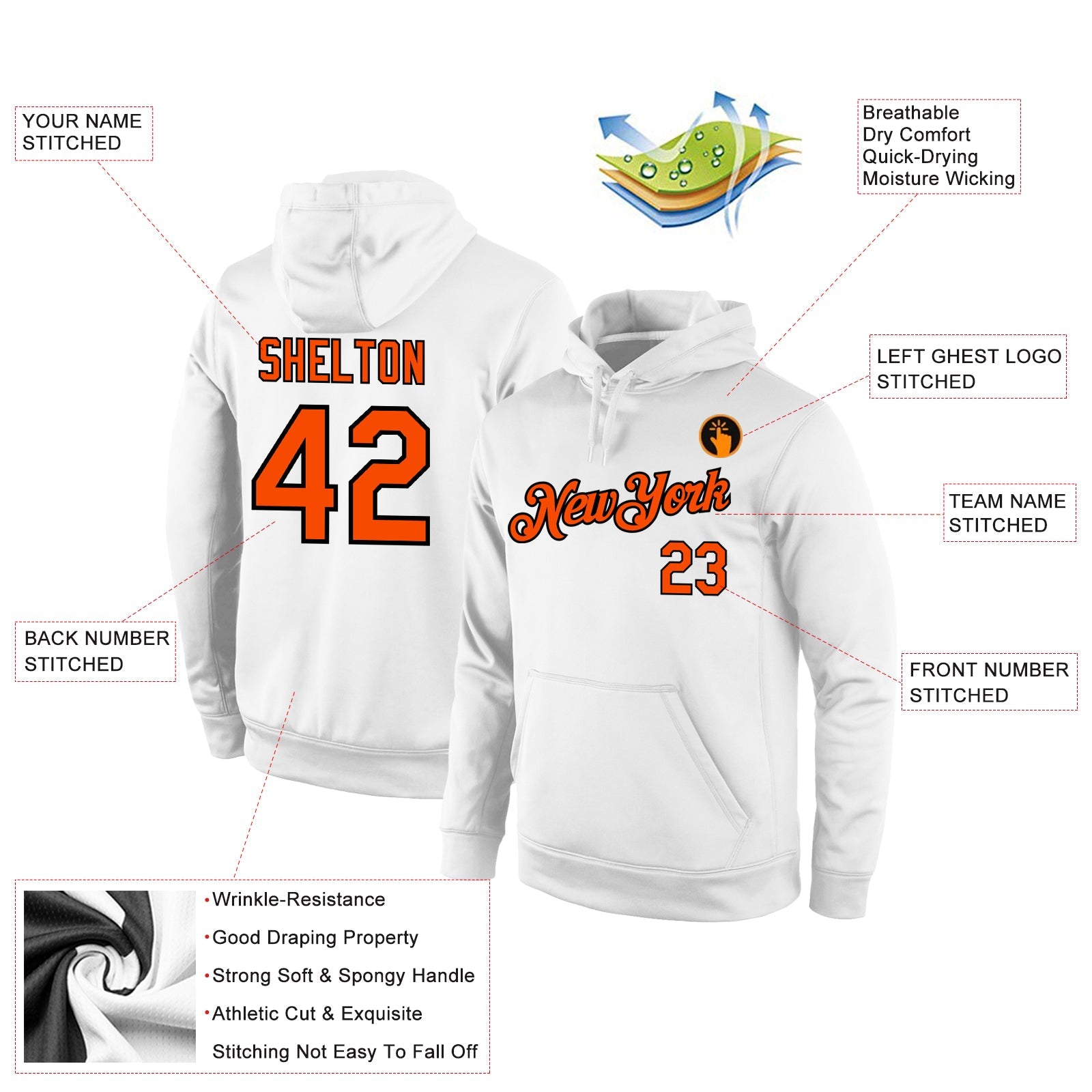 Custom Stitched White Orange-Black Sports Pullover Sweatshirt Hoodie