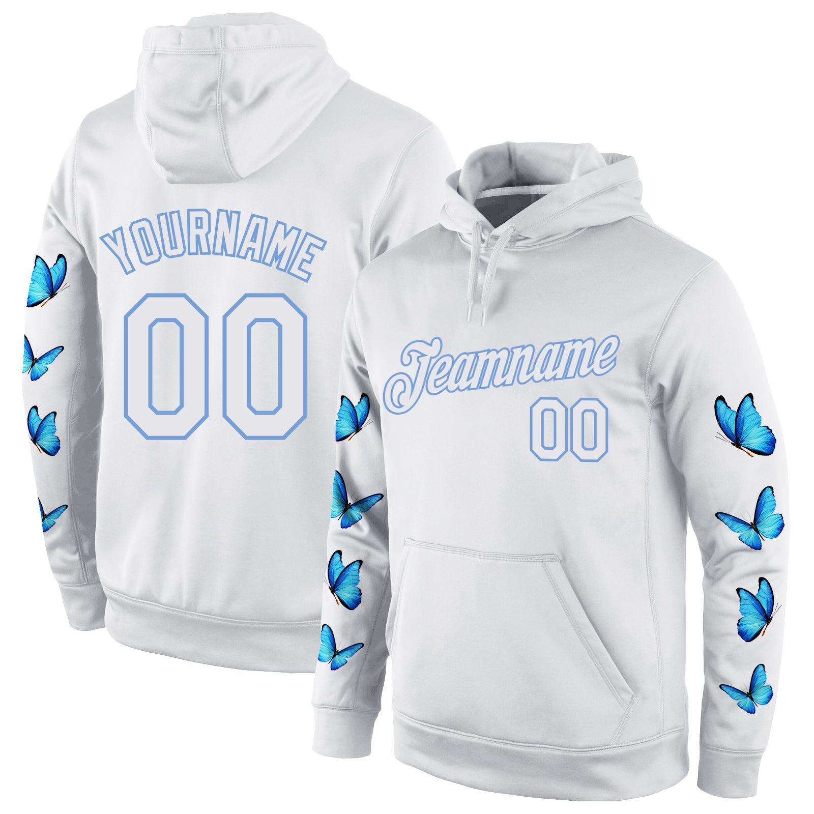 Custom Stitched White White-Light Blue 3D Pattern Design Butterfly Sports Pullover Sweatshirt Hoodie