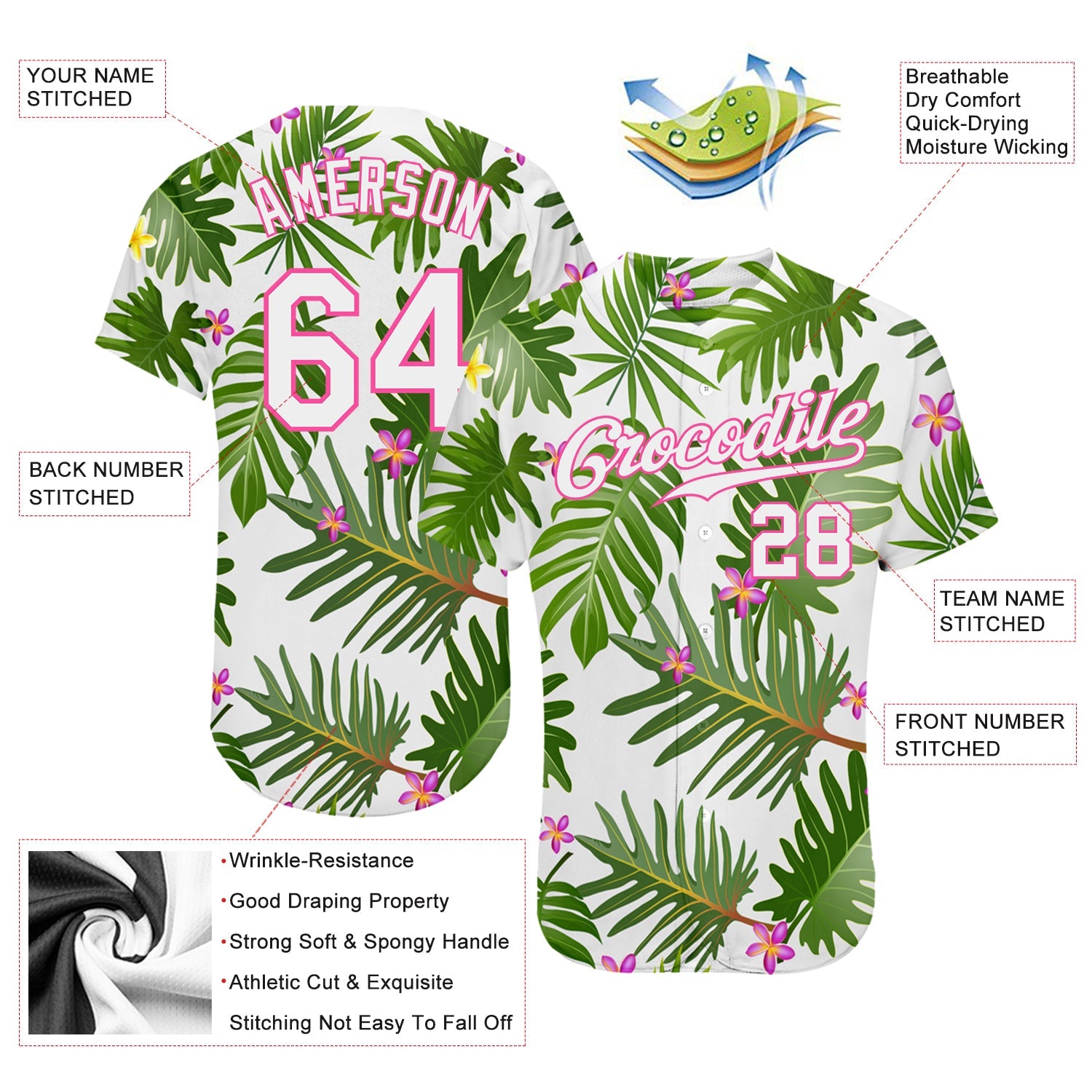 Custom White White-Pink 3D Pattern Design Tropical Leaves Authentic Baseball Jersey