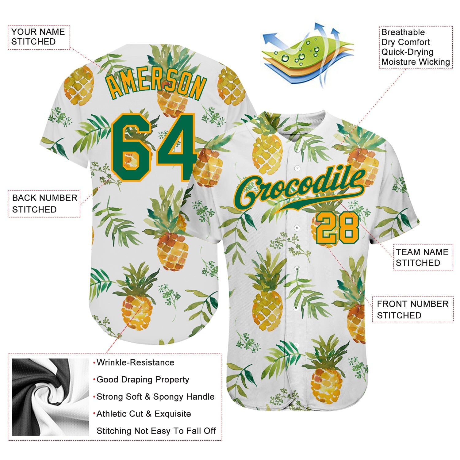 Custom White Kelly Green-Gold 3D Pattern Design Pineapples Authentic Baseball Jersey