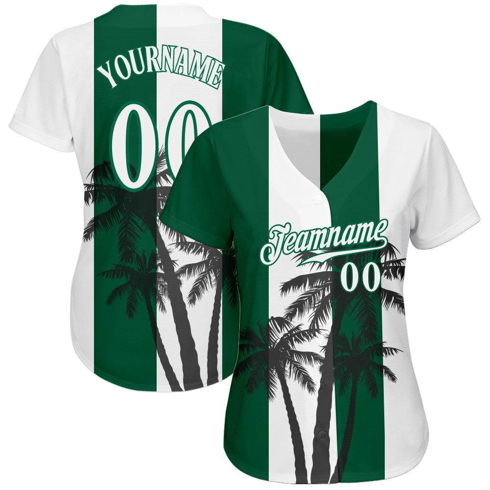 Custom White White-Kelly Green 3D Pattern Design Coconut Trees Authentic Baseball Jersey