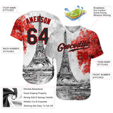 Custom White Black-Red 3D Pattern Design Eiffel Tower Authentic Baseball Jersey