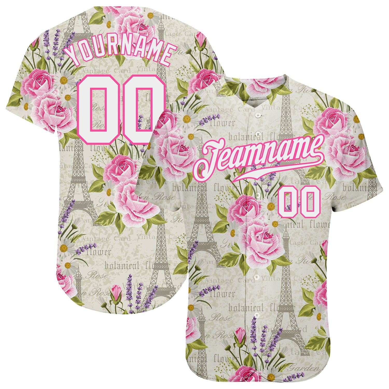 Custom White White-Pink 3D Pattern Design Floral Pattern With The Eiffel Tower Authentic Baseball Jersey