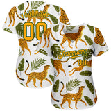 Custom White Gold-Green 3D Pattern Design Leopards And Tropical Leaves Authentic Baseball Jersey