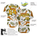 Custom White Gold-Green 3D Pattern Design Leopards And Tropical Leaves Authentic Baseball Jersey