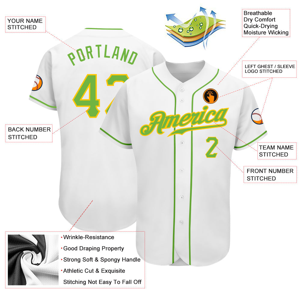 Custom White Neon Green-Gold Authentic Baseball Jersey